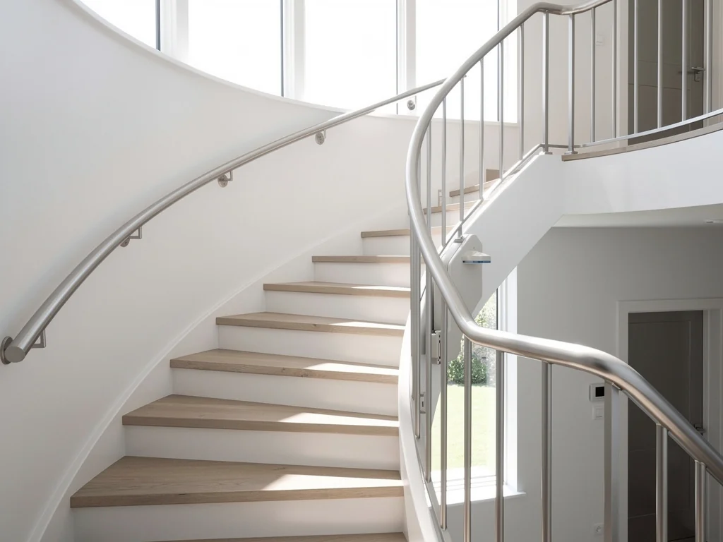 Rail courbe d'un monte-escalier tournant épousant un escalier avec palier
