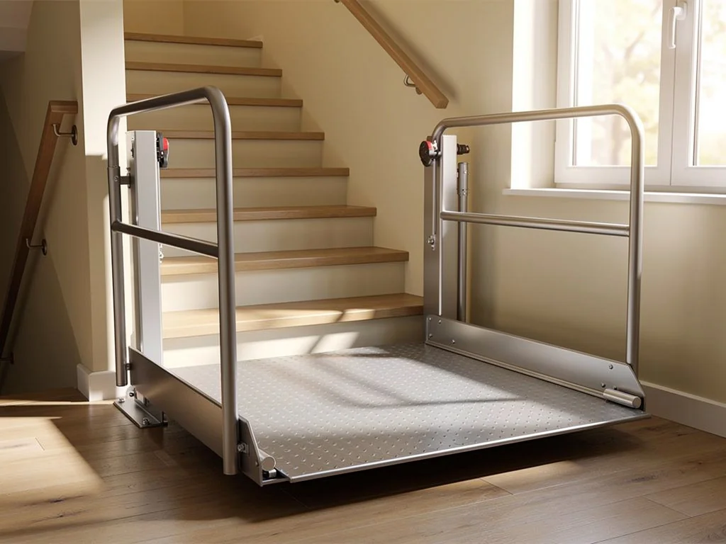 Plateforme élévatrice accueillant un fauteuil roulant au pied d'un escalier
