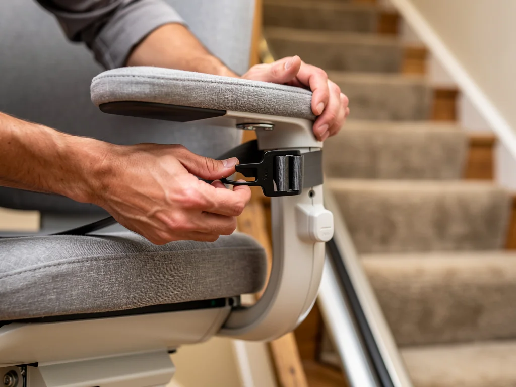 Technicien réglant l'assise et la ceinture d'un monte-escalier à la mise en service