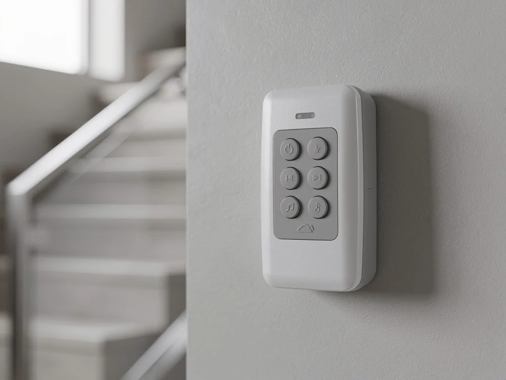Télécommande d'appel d'un monte-escalier fixée en haut de l'escalier